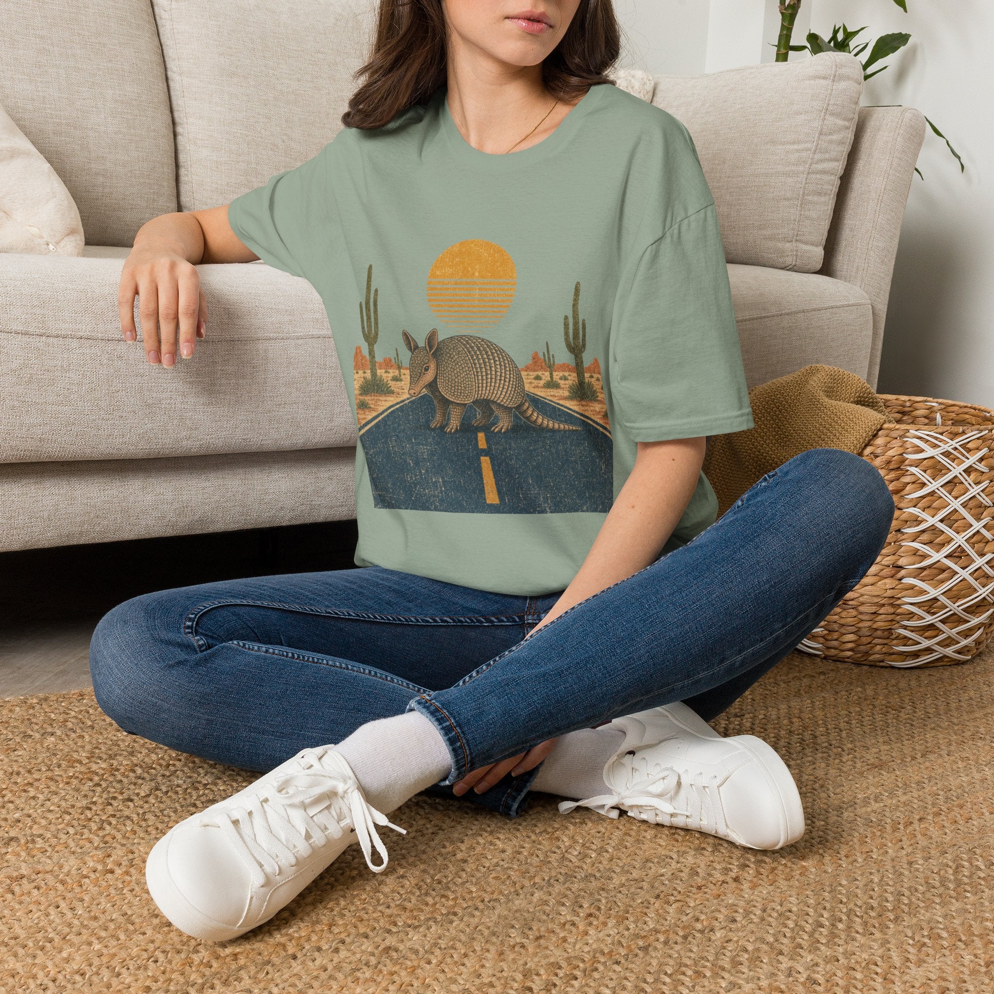 Armadillo Desert Sunset T-Shirt — Retro Cactus Road Wildlife Tee
