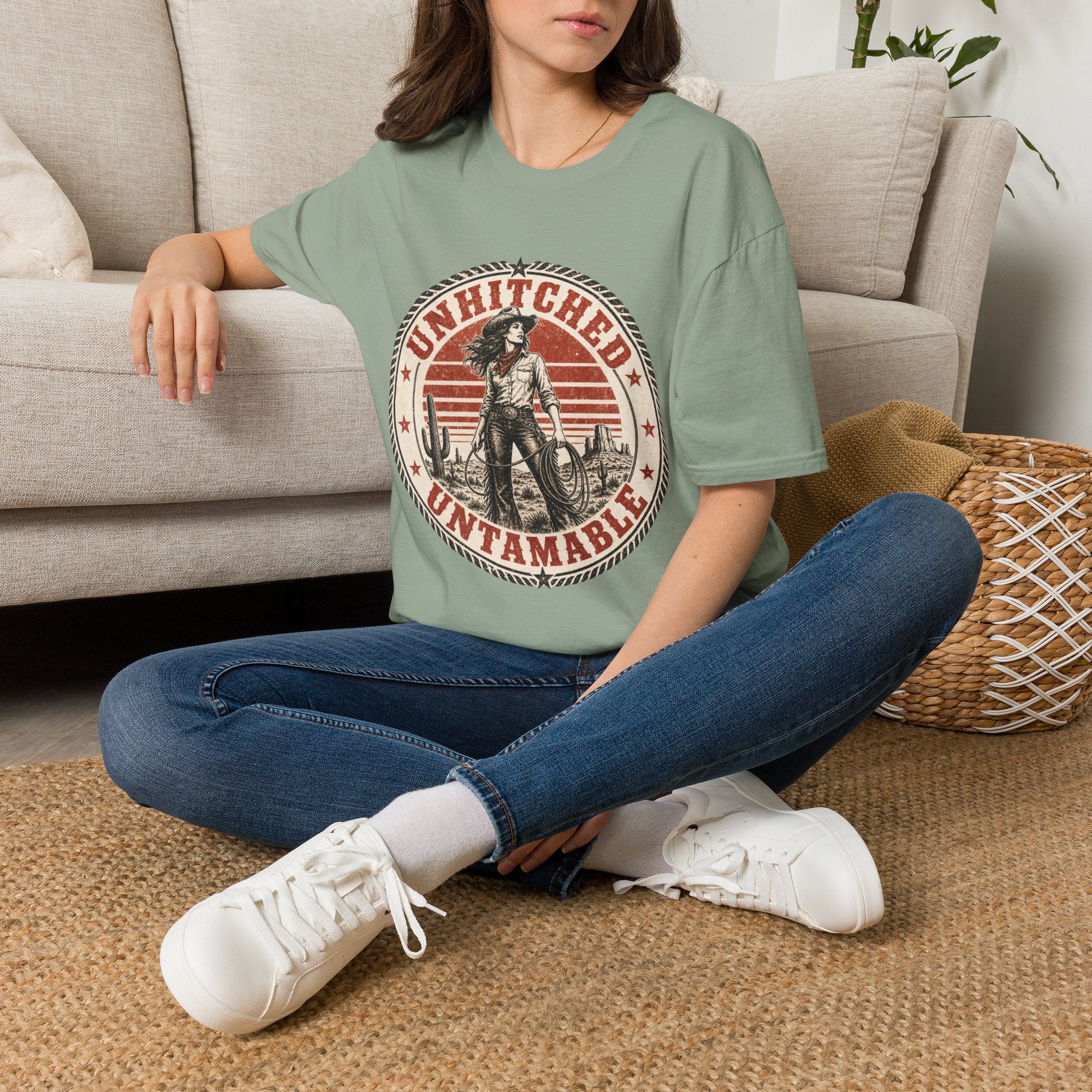 Unhitched Vintage Cowgirl T‑Shirt – “Unhitched & Untamable” Retro Western Graphic Tee