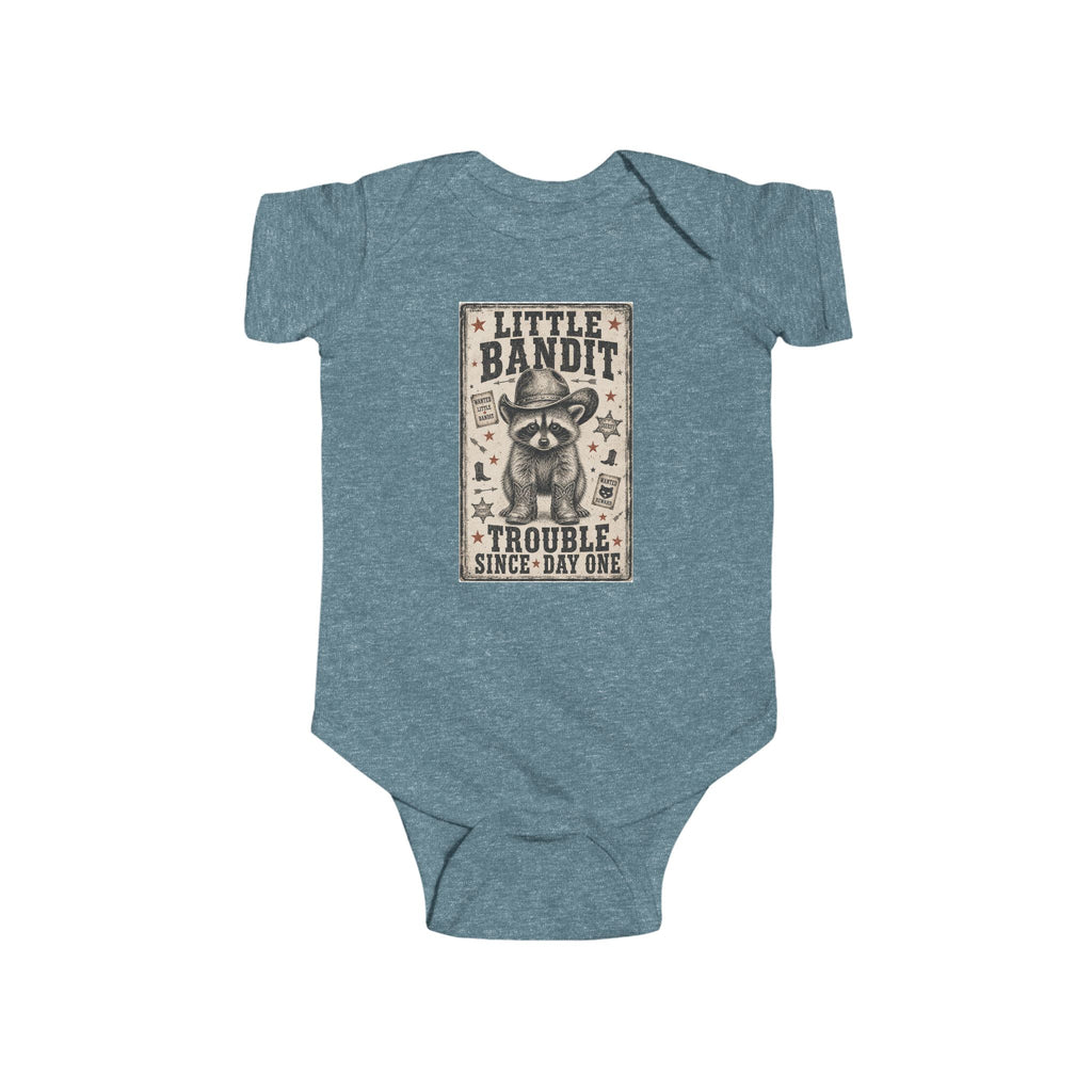 Little Bandit Infant Bodysuit – 'Trouble Since Day One' Raccoon Baby Onesie