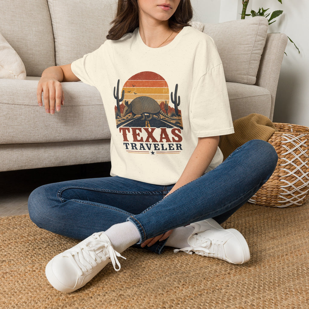 Texas Traveler Armadillo T-Shirt — Retro Desert Sunset Graphic