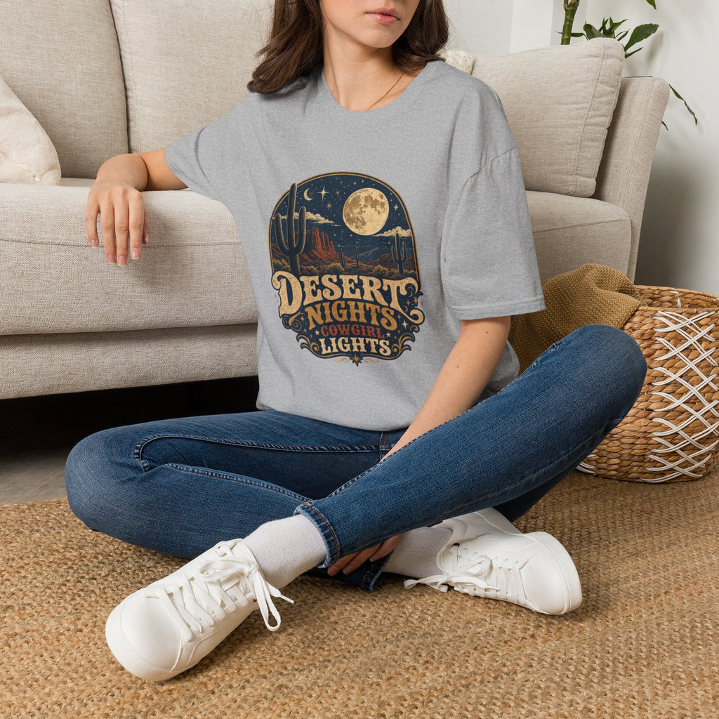 Desert Nights Graphic T-Shirt — “Desert Nights & Lights” Retro Moonlit Cactus Tee