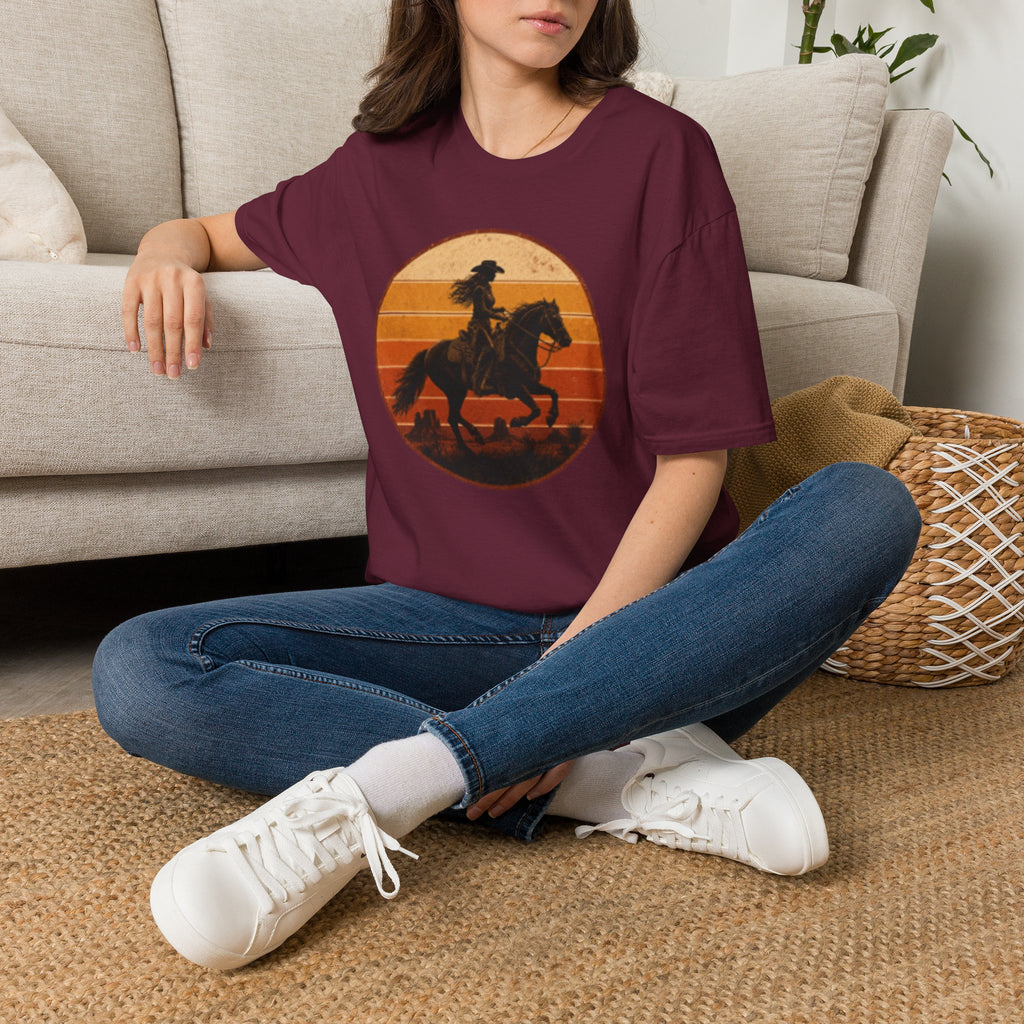 Cowgirl Silhouette T-Shirt — Retro Sunset Horse Riding Tee