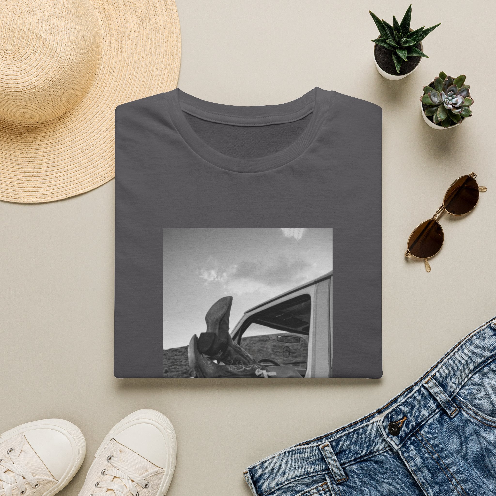 Vintage Road Trip T-Shirt — Black & White Van Window Photo