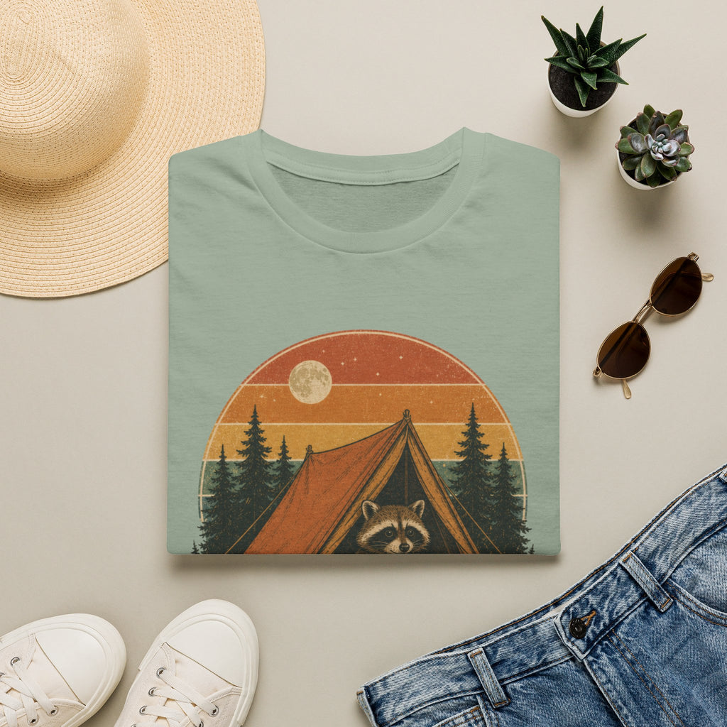 Camping Raccoon T-Shirt — Retro Sunset Tent Outdoor Graphic Tee