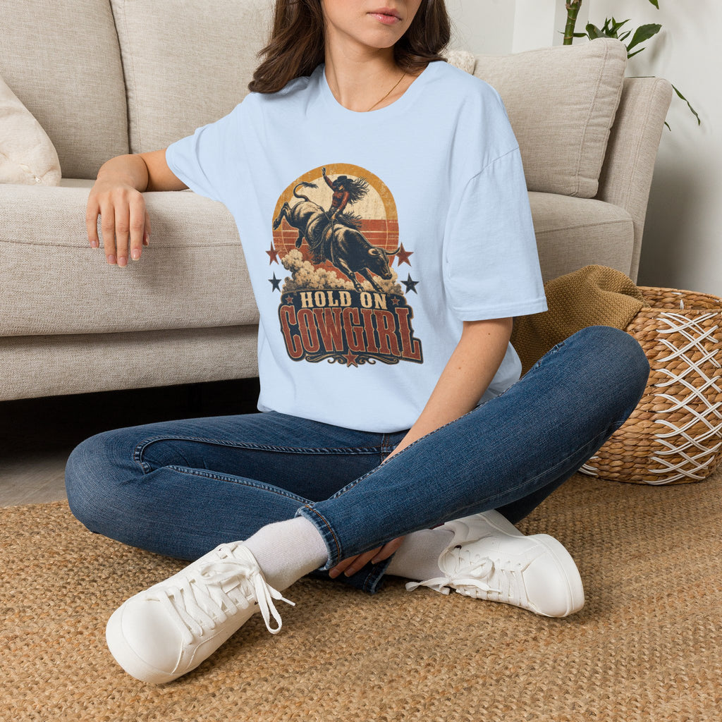 Hold On Cowgirl T-Shirt — Vintage Rodeo Bull Rider Tee