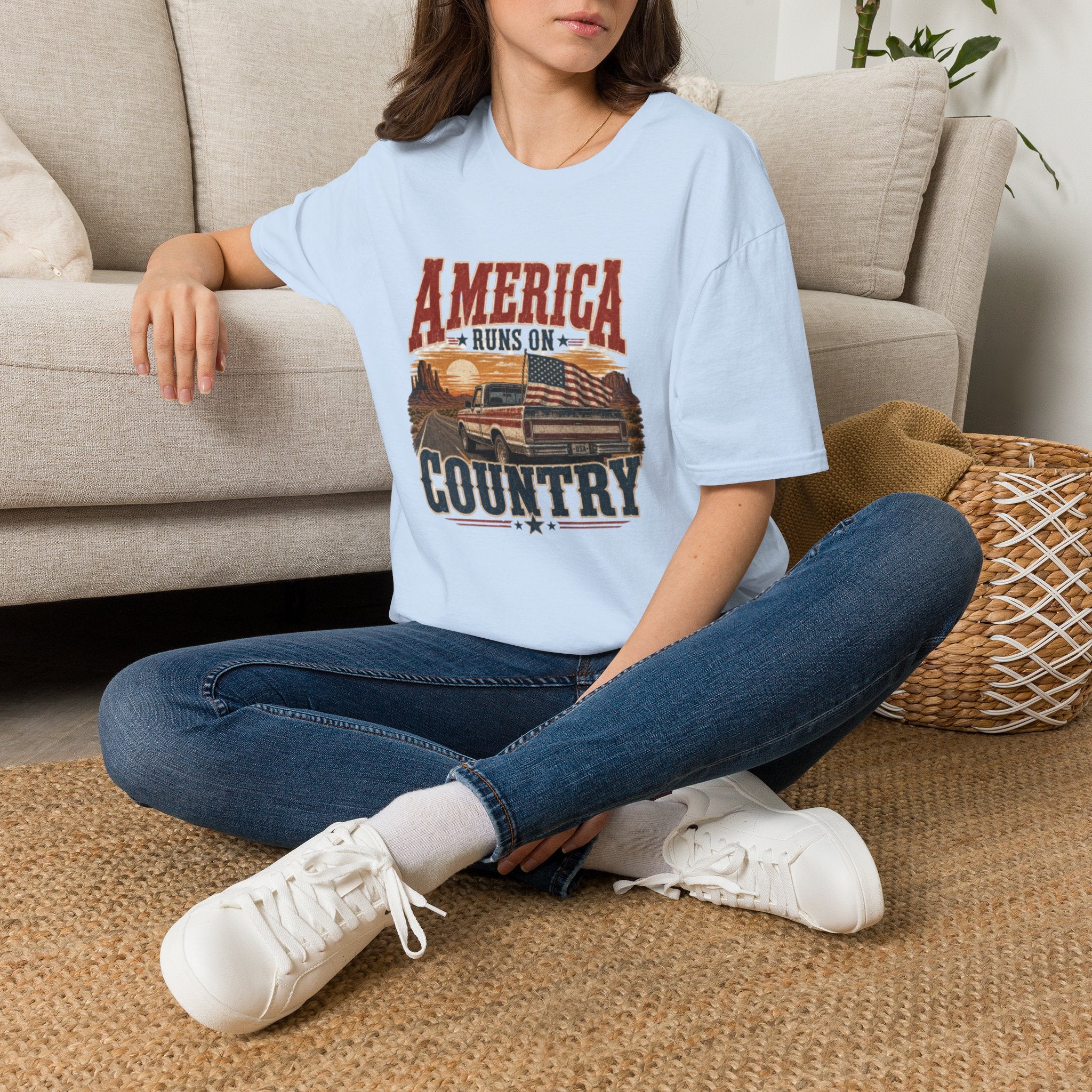 T-Shirt — "America Runs On Country" Vintage Flag & Pickup Graphic