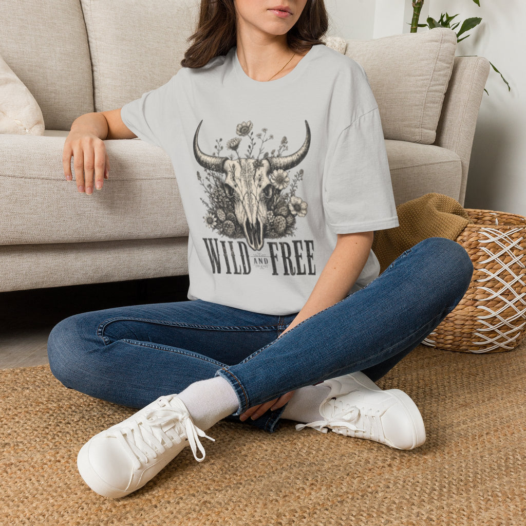 Bull Skull Floral T-Shirt — "Wild and Free" Boho Western Tee