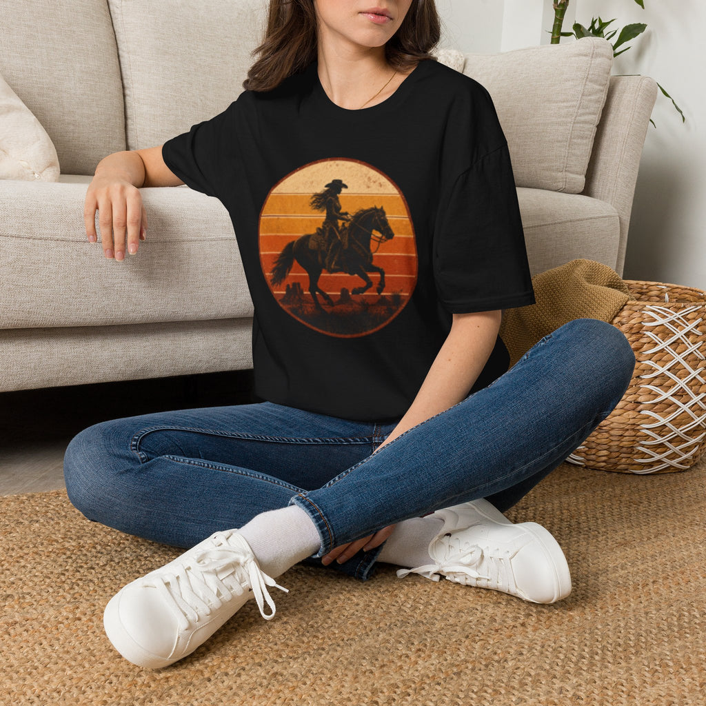 Cowgirl Silhouette T-Shirt — Retro Sunset Horse Riding Tee