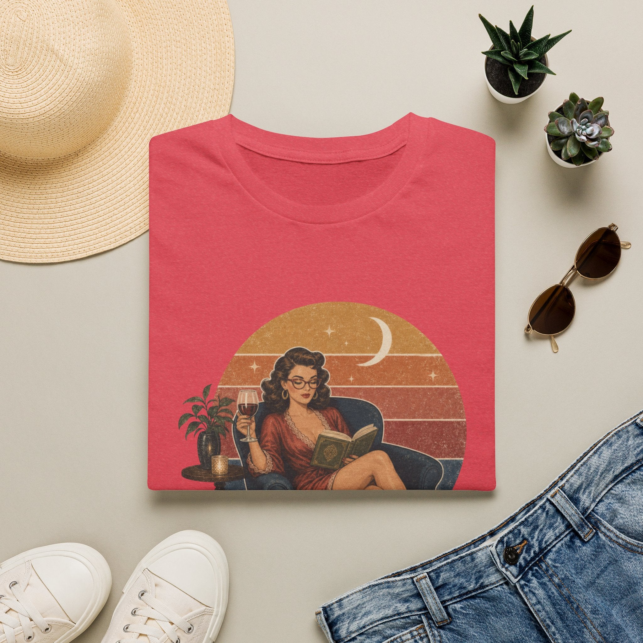 Lady of the Night Vintage Graphic T-Shirt — Retro Pinup Moonlit Reading Tee