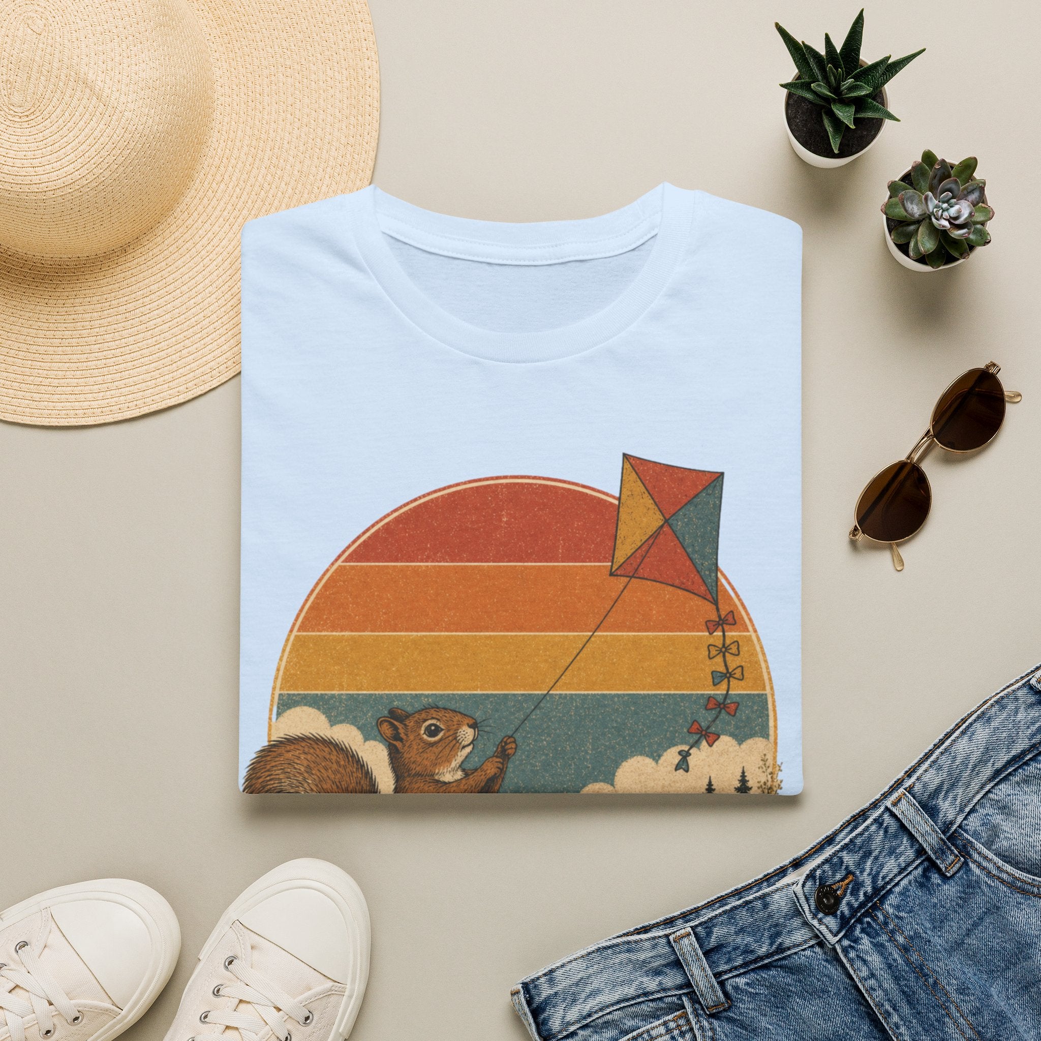 Retro Squirrel Kite T-Shirt — Vintage Sunset Nature Tee