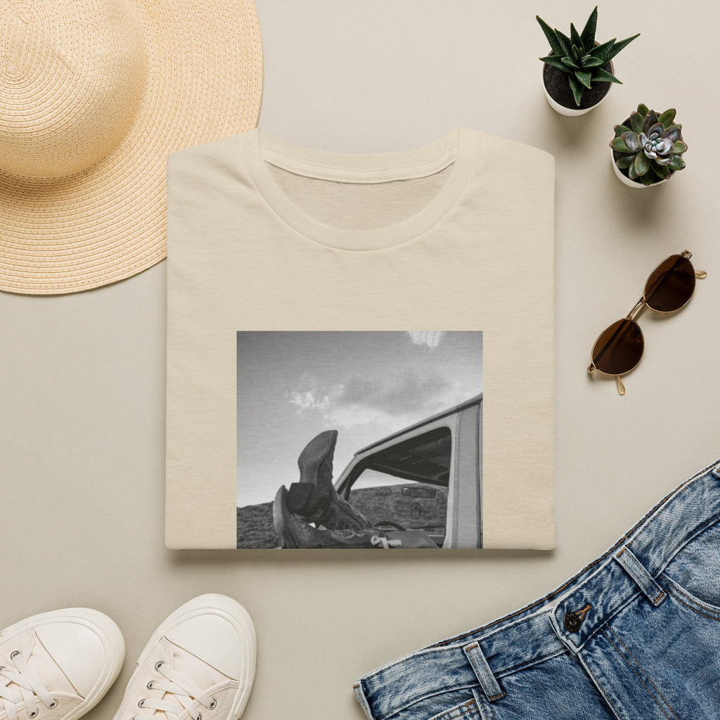 Vintage Road Trip T-Shirt — Black & White Van Window Photo