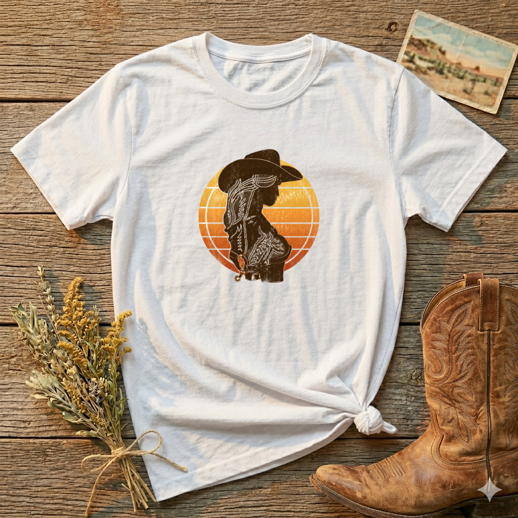 Cowgirl Silhouette T-Shirt — Retro Sunset Western Graphic Tee