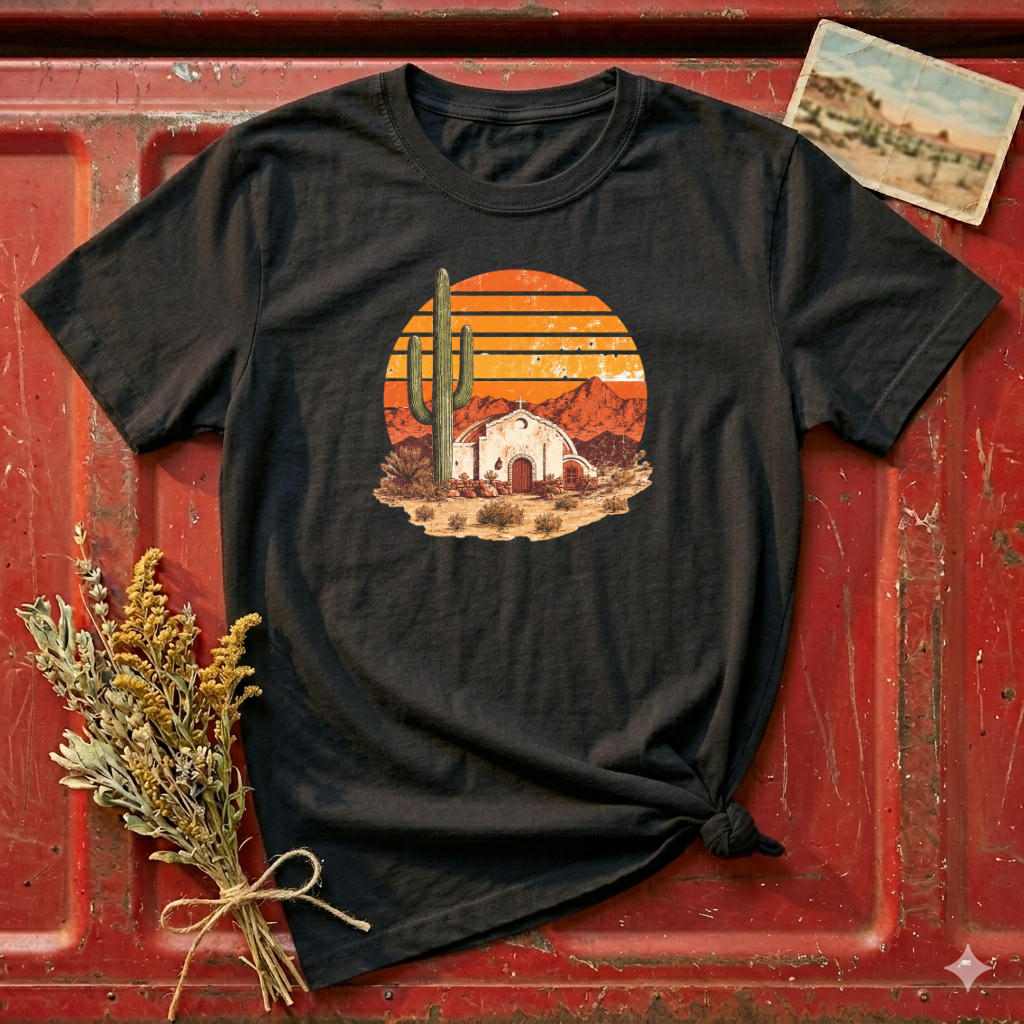 Desert Sunset T‑Shirt — Vintage Cactus & Adobe House Graphic