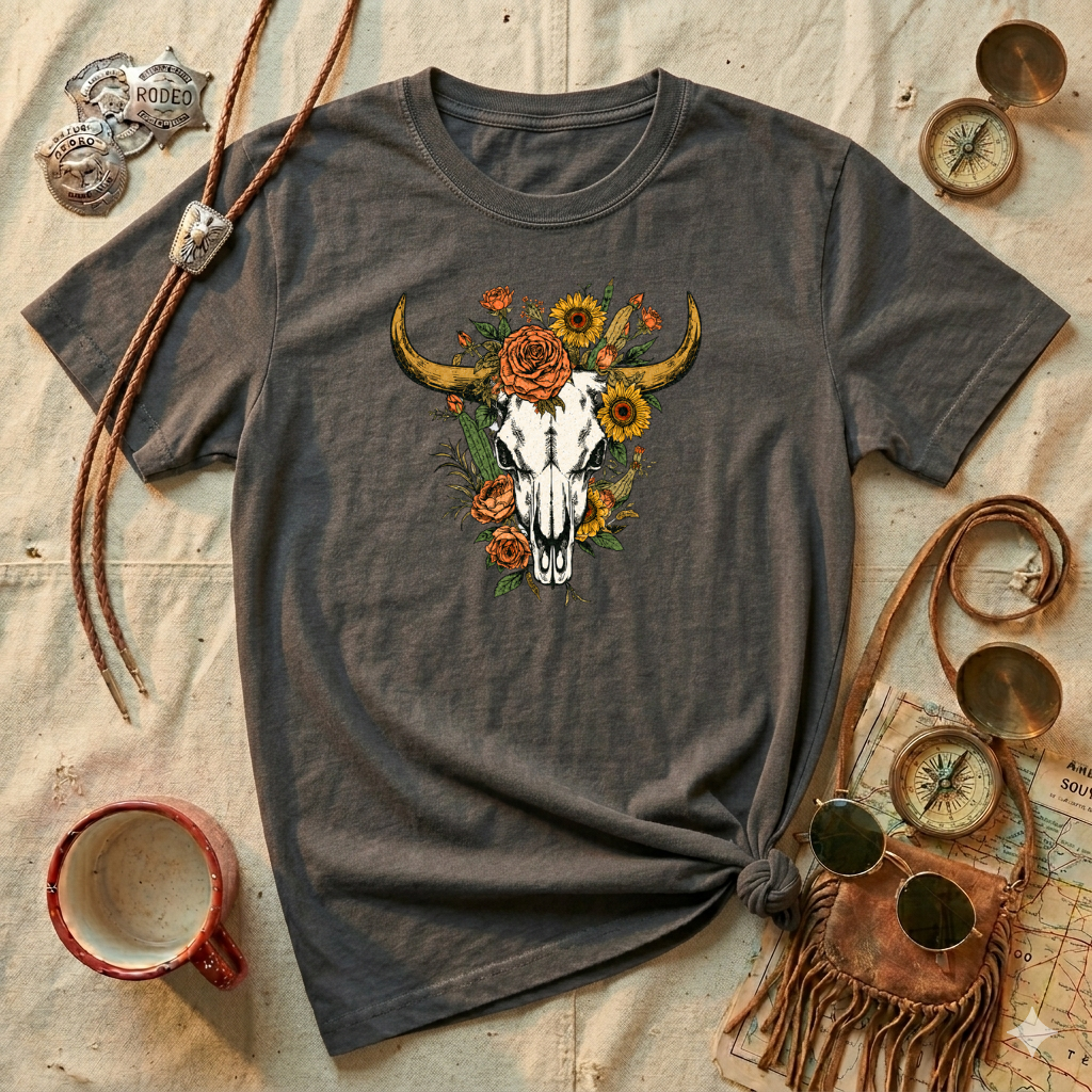 Floral Bull Skull T-Shirt — Boho Western Graphic Tee