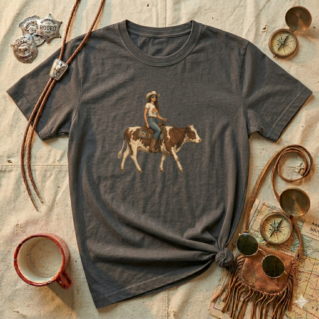 Cowgirl Riding Longhorn T-Shirt — Western Rodeo Graphic Tee