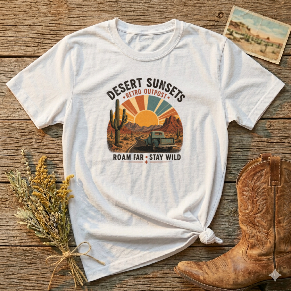 Desert Sunsets T-Shirt — Retro Outpost 'Roam Far • Stay Wild' Graphic Tee