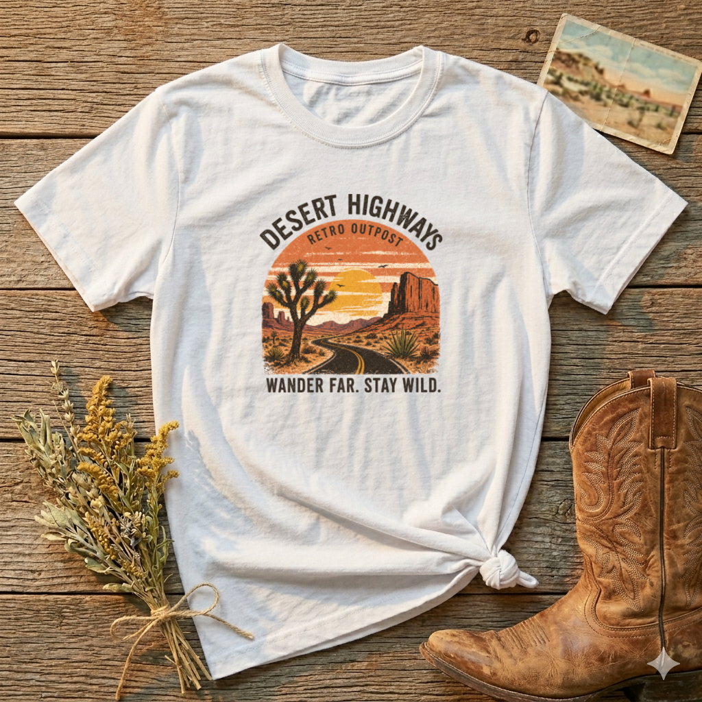 Desert Highways T‑Shirt — Retro Outpost Sunset Graphic Tee