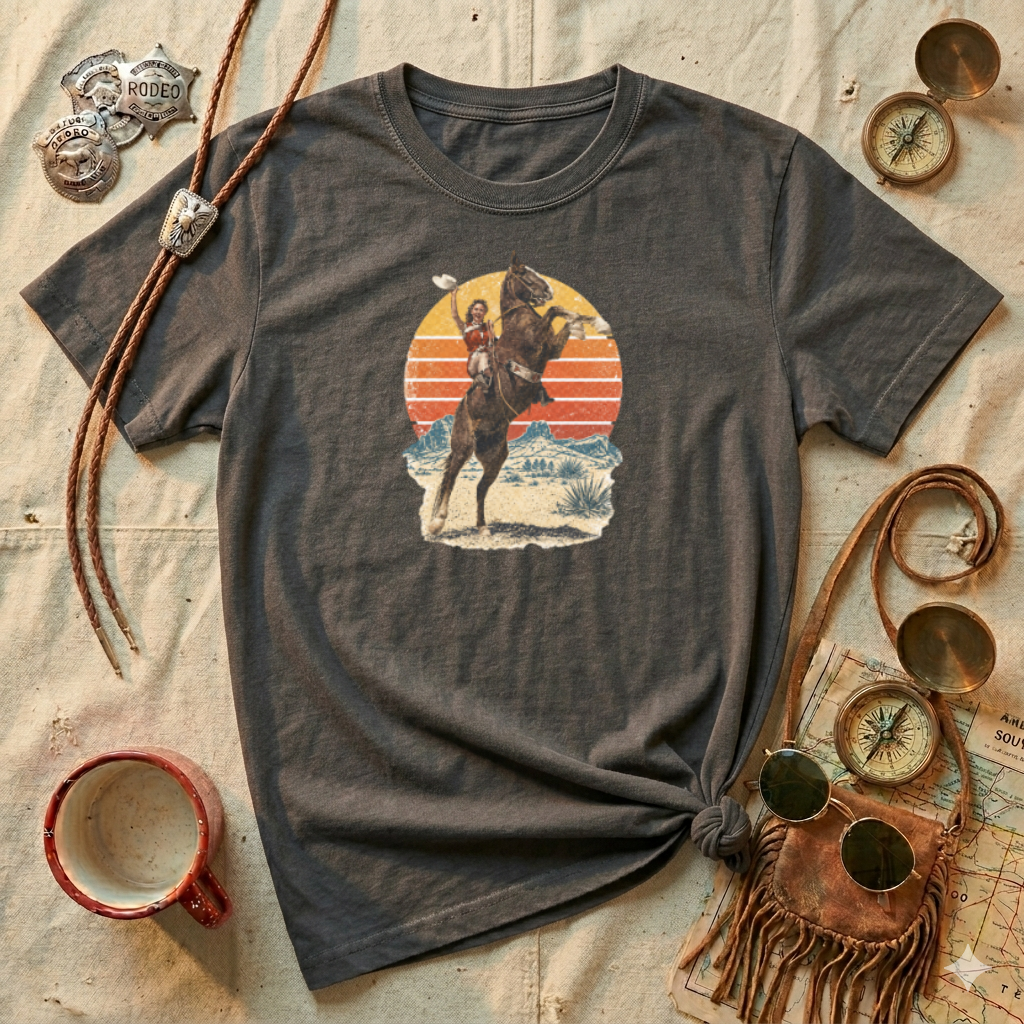 Retro Cowboy Rodeo T-Shirt — Rearing Horse & Rider Graphic