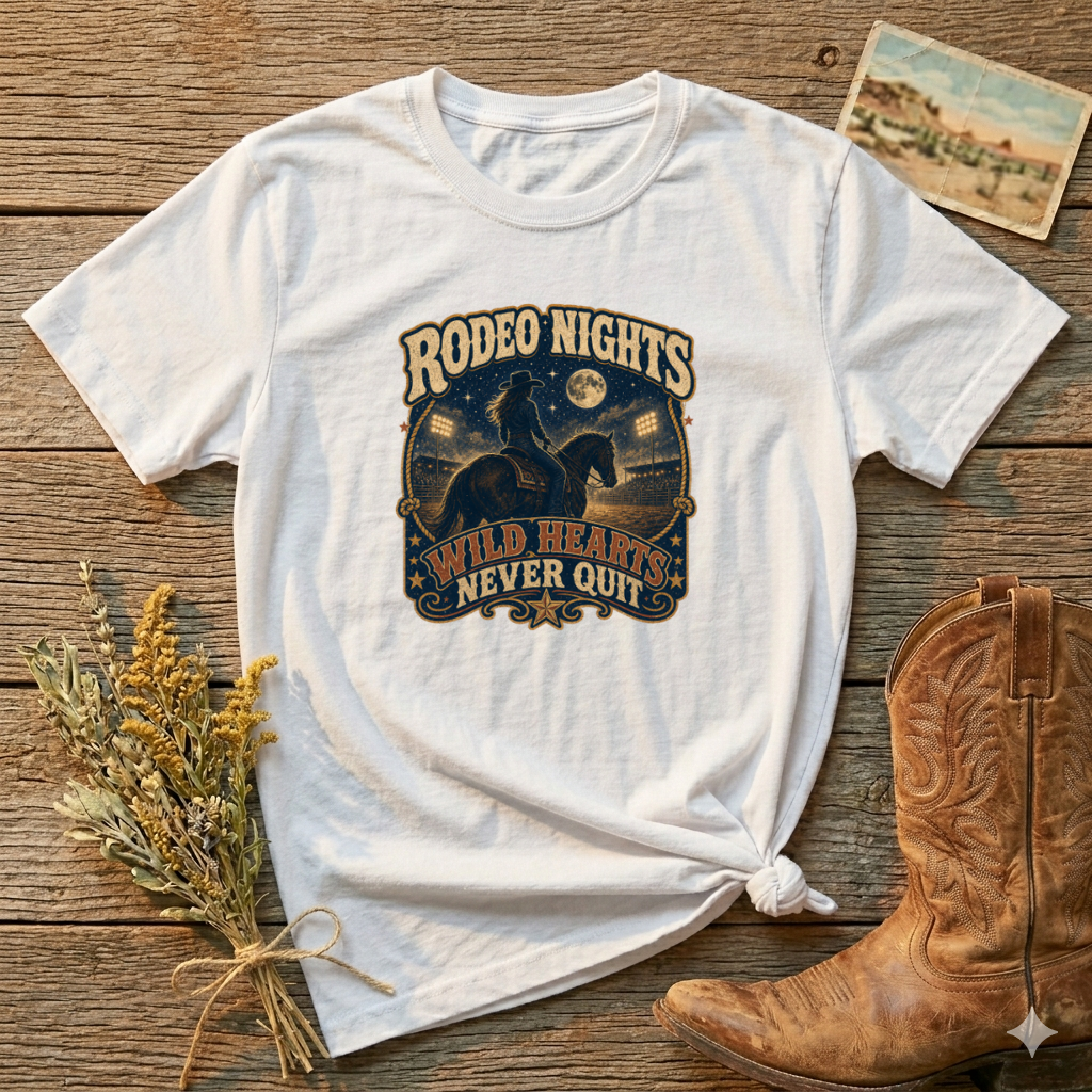 Rodeo Nights T‑Shirt — Wild Hearts Never Quit Western Graphic Tee