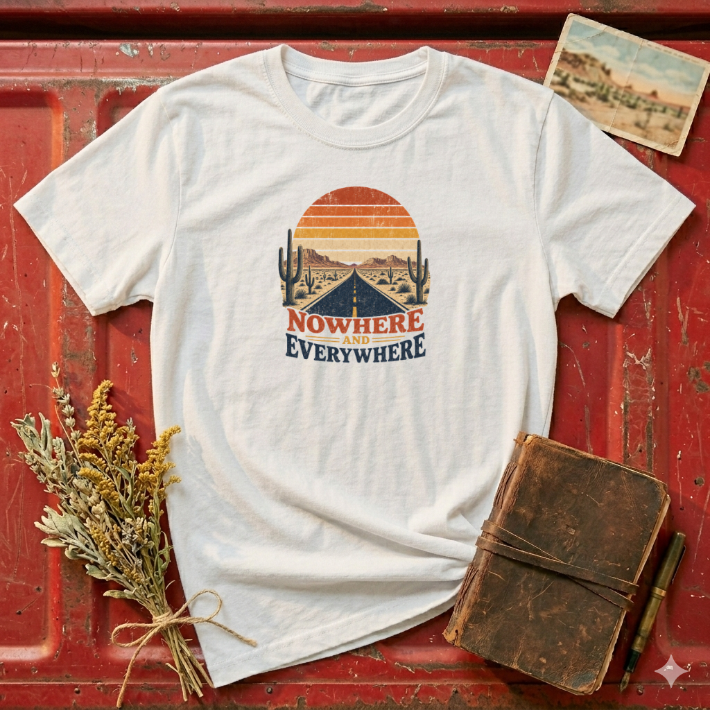Road Trip T‑Shirt — 'Nowhere and Everywhere' Vintage Desert Sunset Tee