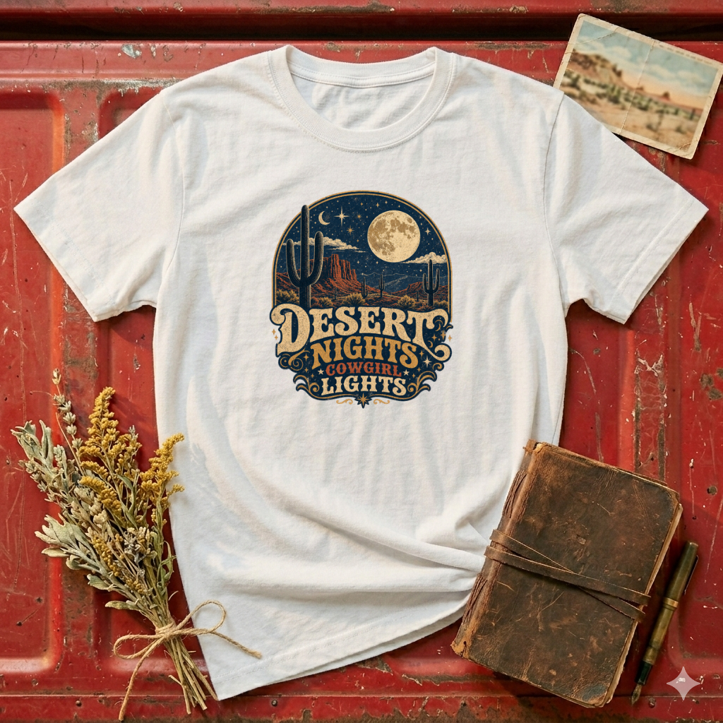 Desert Nights Graphic T-Shirt — “Desert Nights & Lights” Retro Moonlit Cactus Tee