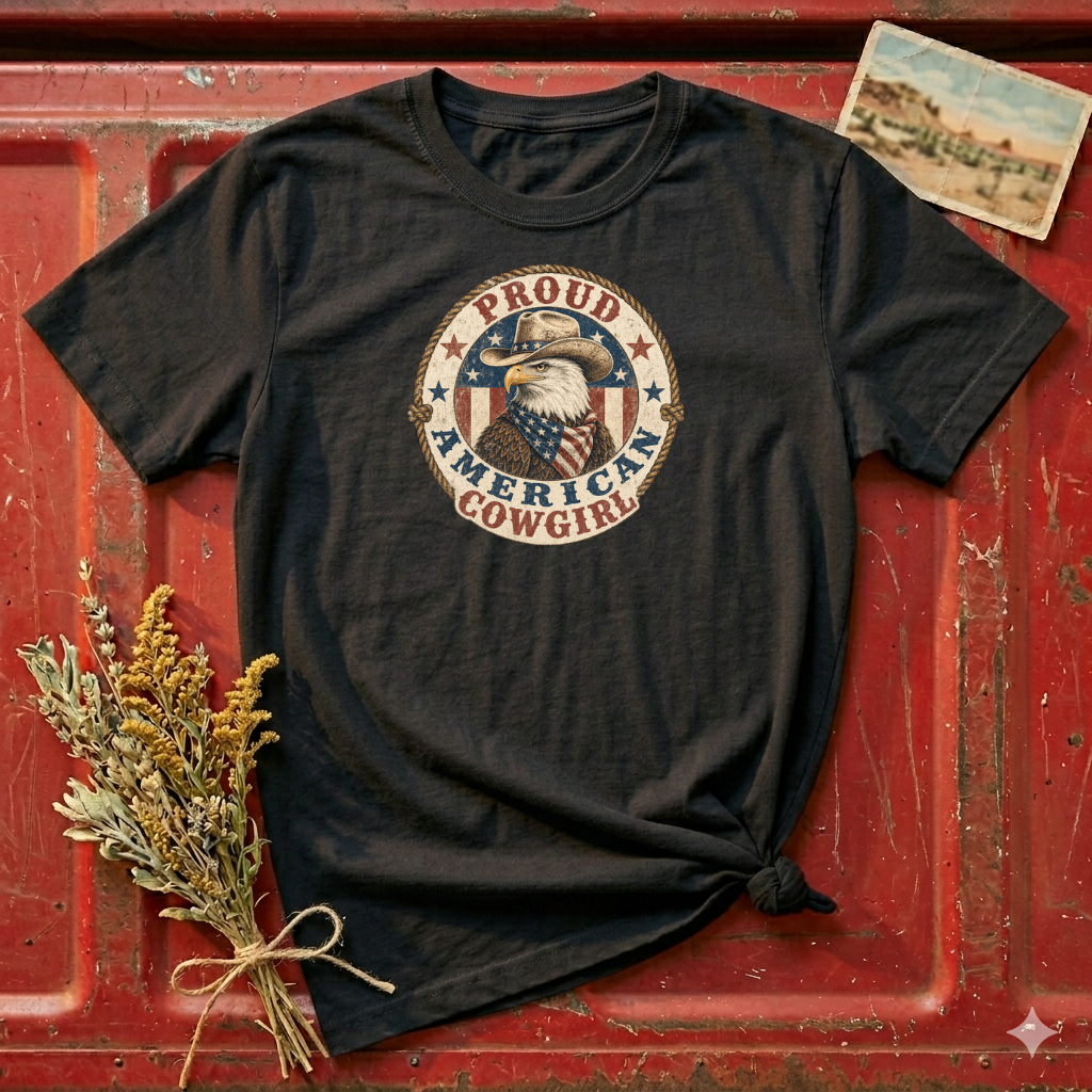 Proud American Cowgirl T-Shirt — Vintage Eagle & Flag Graphic