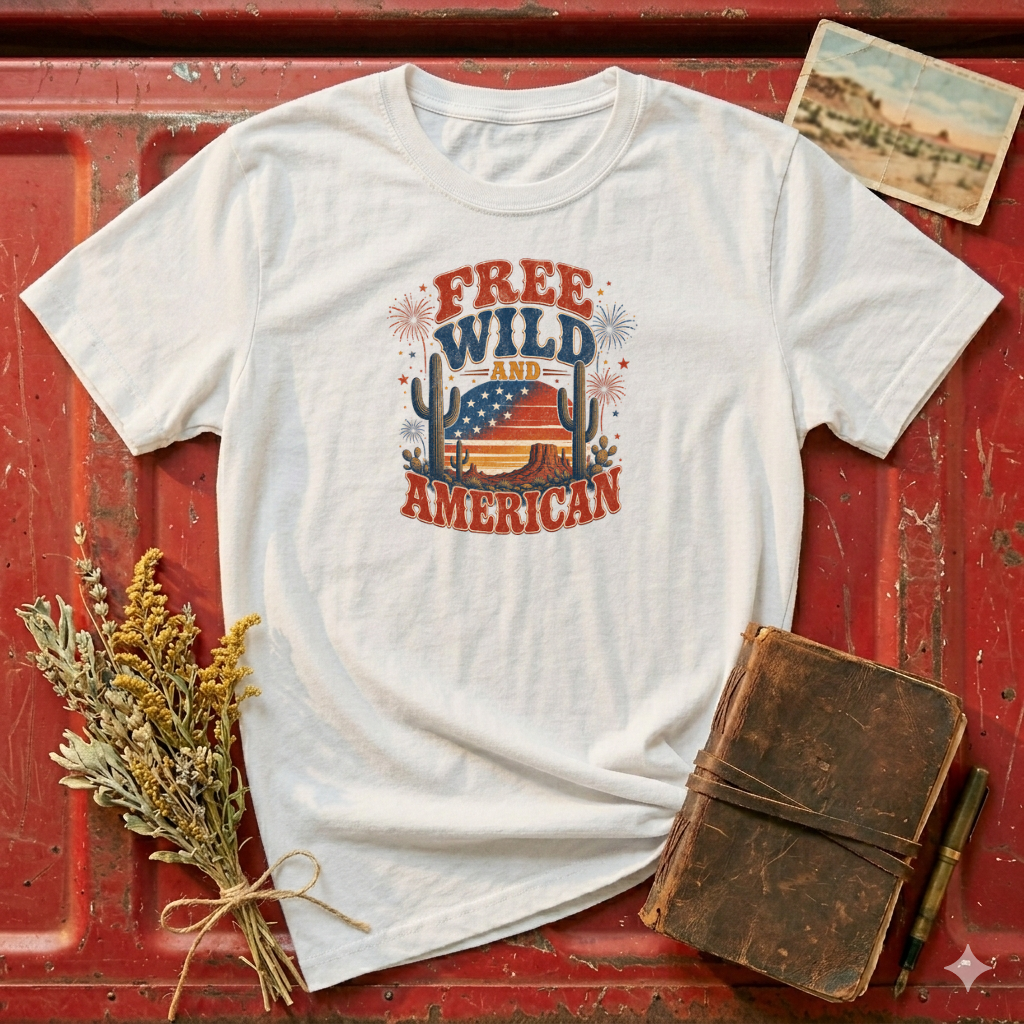 T-Shirt — "Free, Wild and American" Patriotic Western Graphic Tee