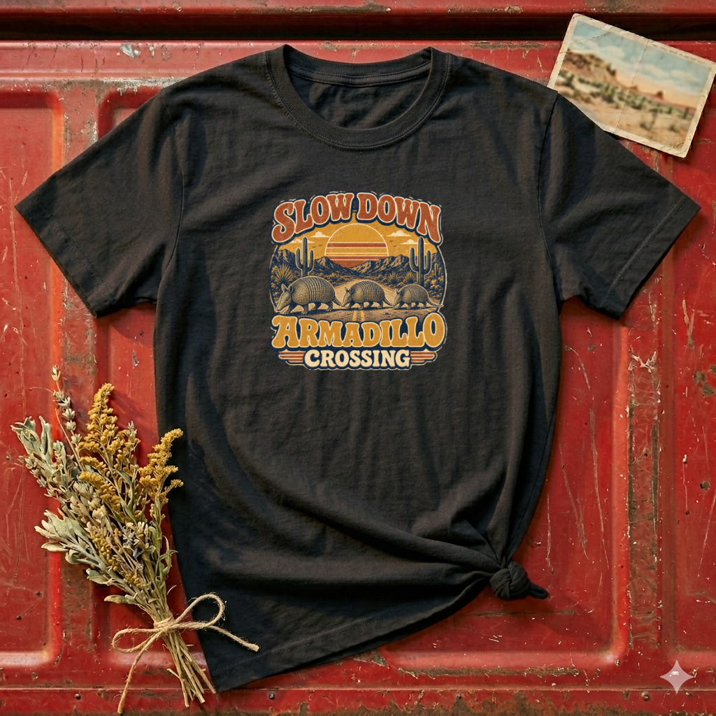 Slow Down Armadillo Crossing T-Shirt — Retro Desert Wildlife Graphic Tee