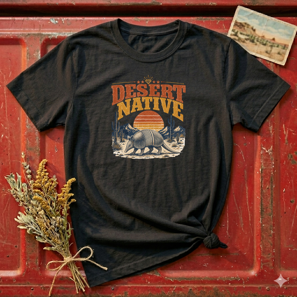 Desert Native T‑Shirt — Retro Cactus & Sunset Armadillo Tee
