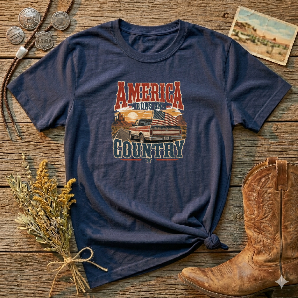 T-Shirt — "America Runs On Country" Vintage Flag & Pickup Graphic