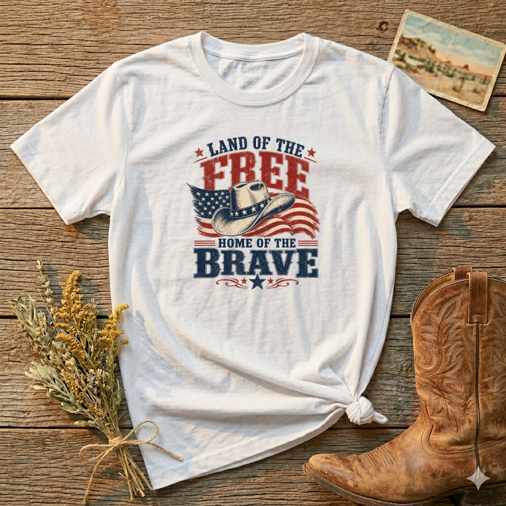 Land of the Free Cowboy Flag T-Shirt — "Land of the Free, Home of the Brave" Patriotic Tee