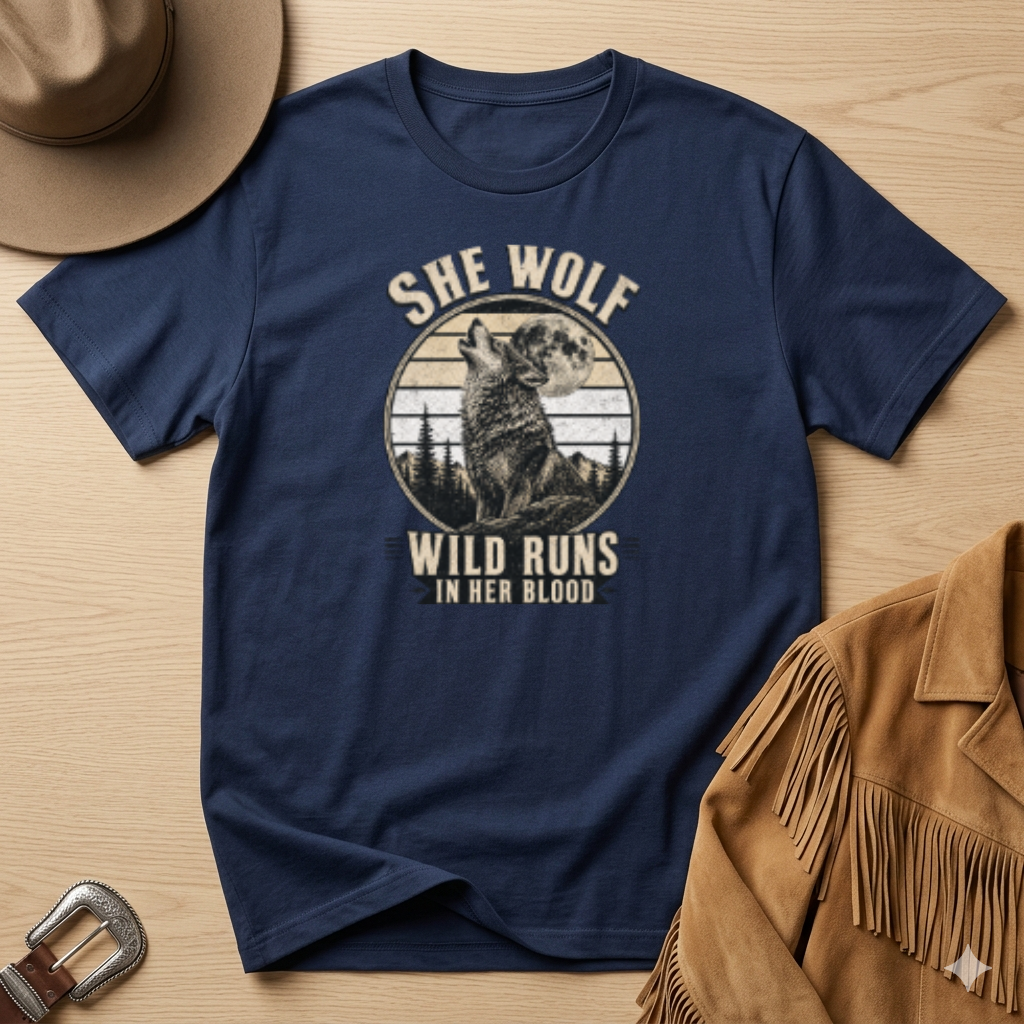 She Wolf T-Shirt — Retro Howling Wolf Moon Graphic