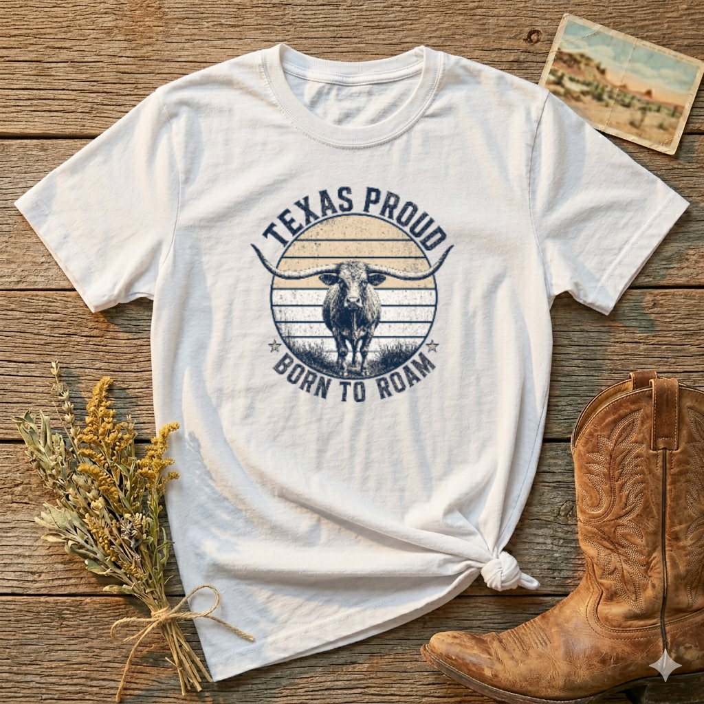 Texas Proud "Born to Roam" T-Shirt — Vintage Longhorn Tee for Texas Lovers