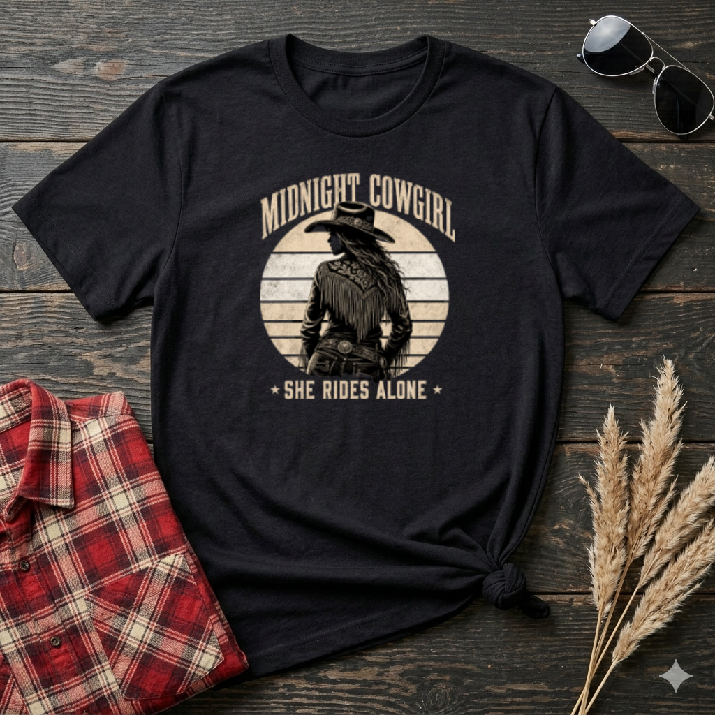 Midnight Cowgirl T‑Shirt — 'She Rides Alone' Western Graphic Tee