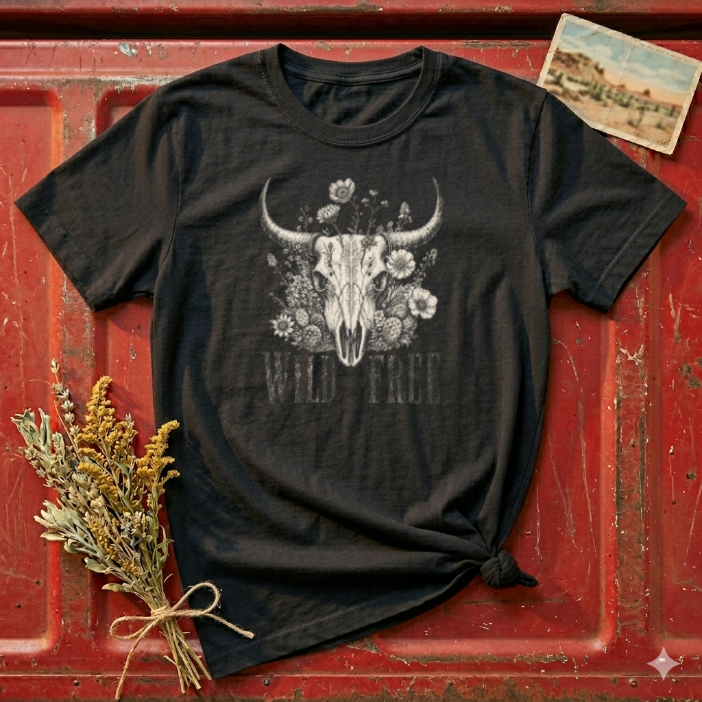 Bull Skull Floral T-Shirt — "Wild and Free" Boho Western Tee