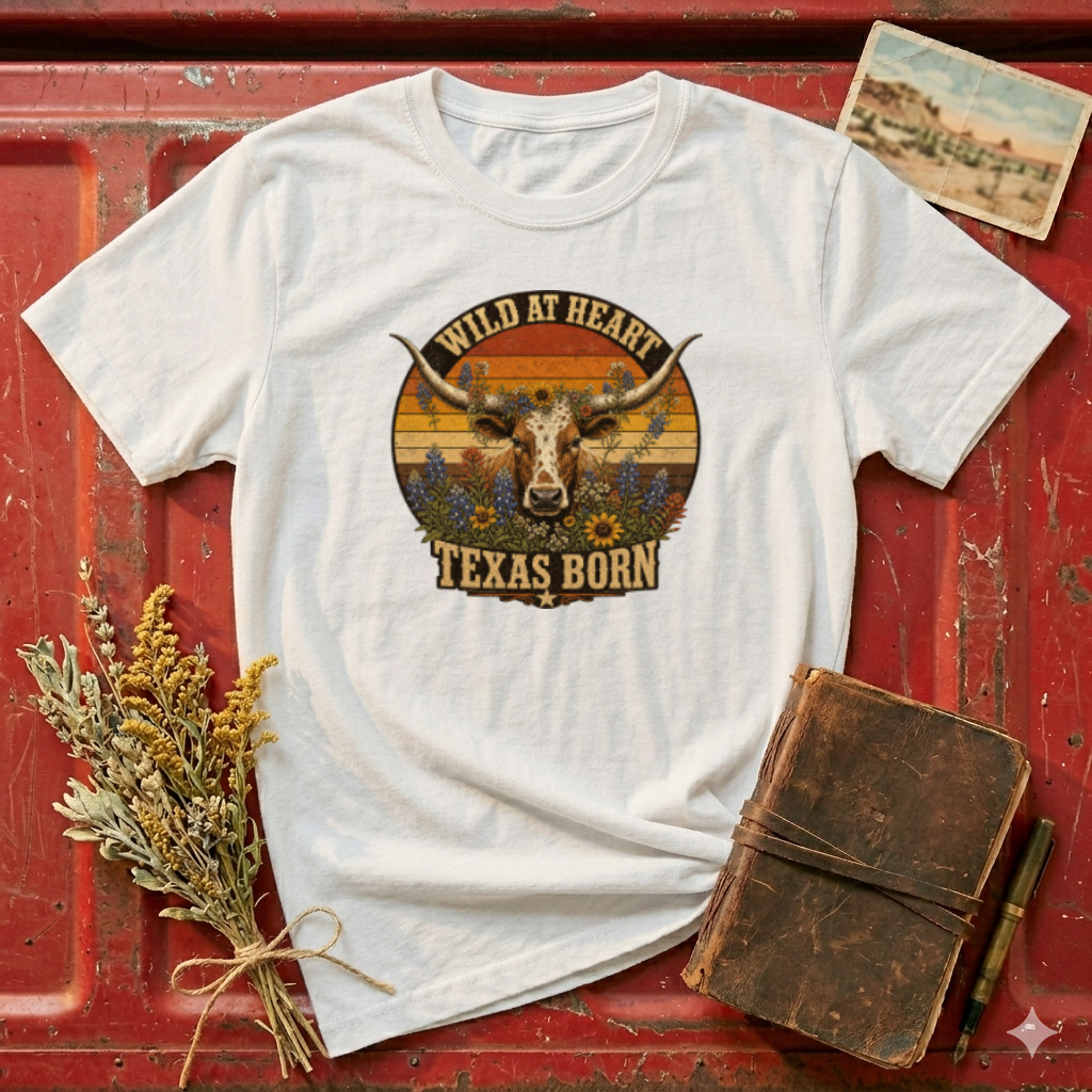Wild At Heart Texas Born T-Shirt — Vintage Longhorn Graphic