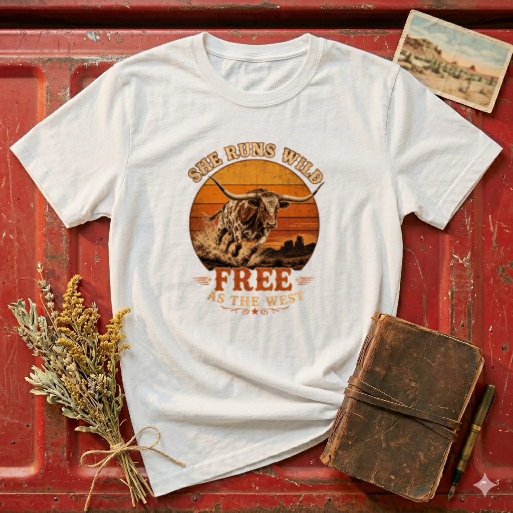 T-Shirt — "She Runs Wild" Western Longhorn Retro Graphic Tee