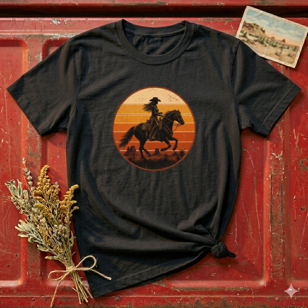 Cowgirl Silhouette T-Shirt — Retro Sunset Horse Riding Tee