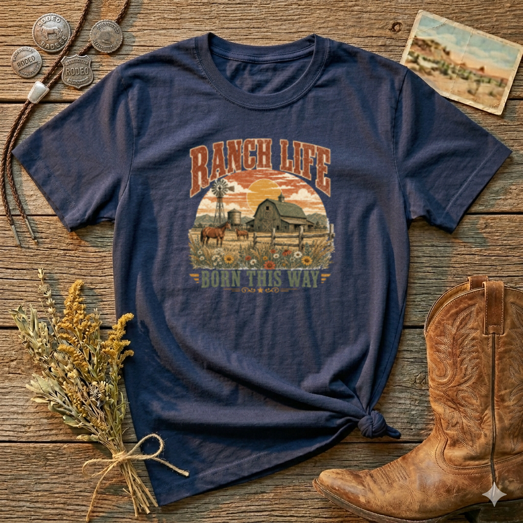 Ranch Life T-Shirt — 'Born This Way' Vintage Farm Sunset Tee