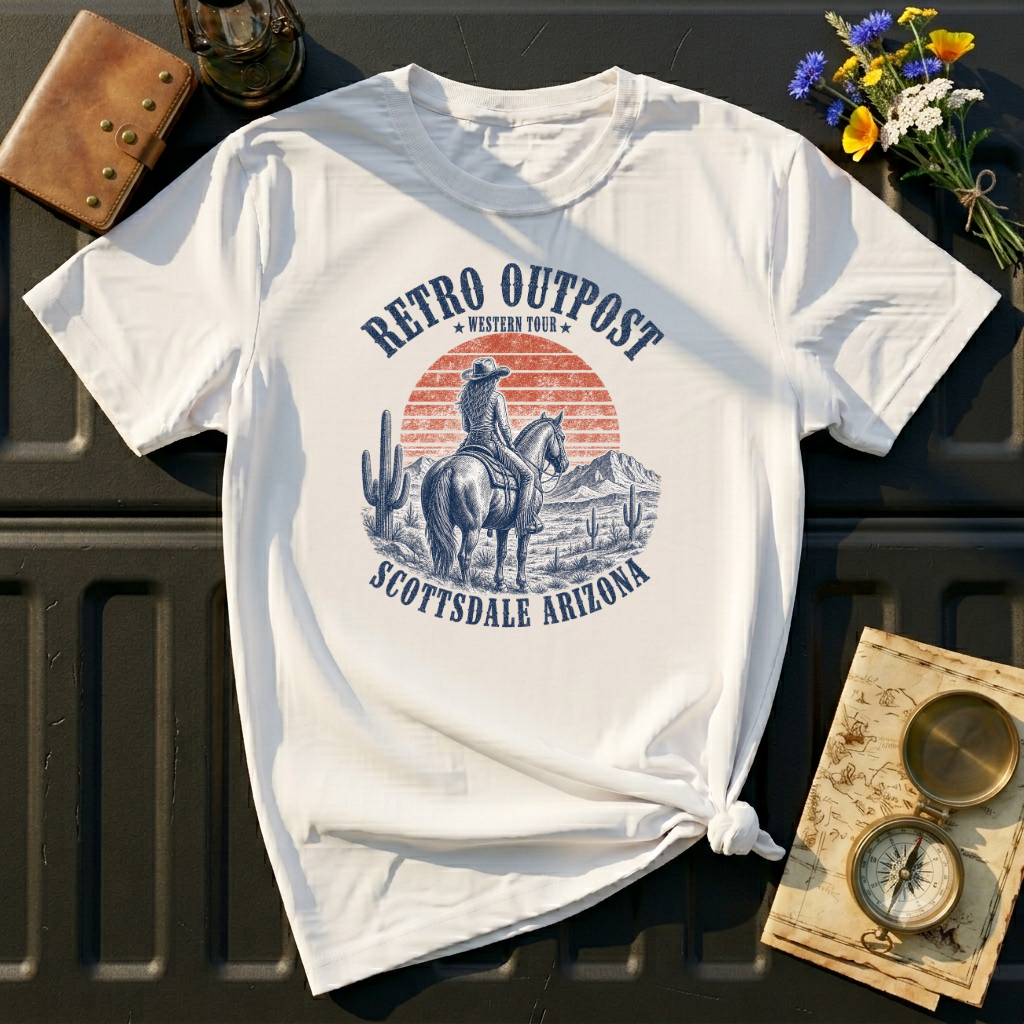 Retro Outpost Western T-Shirt — Cowboy Desert Sunset Graphic