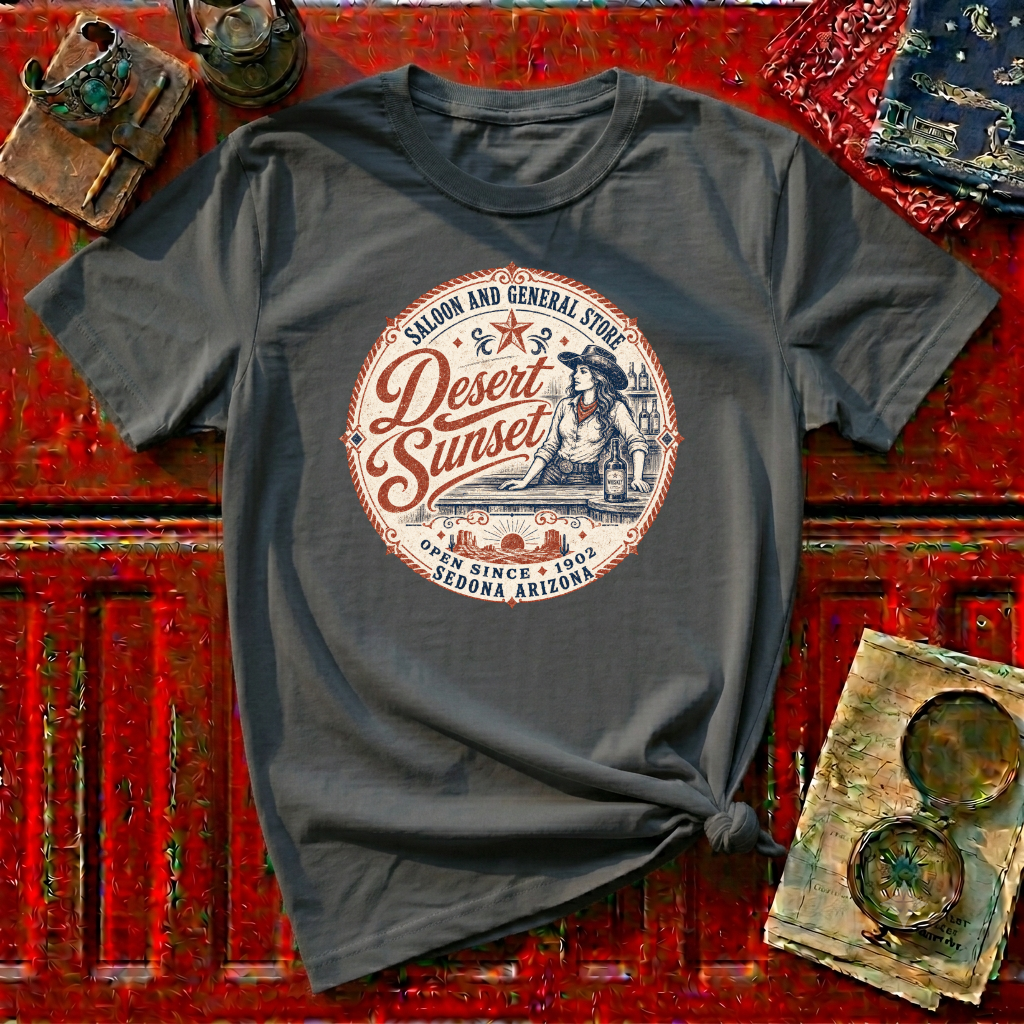 Desert Sunset Saloon T-Shirt — Vintage Western Cowgirl Graphic Tee