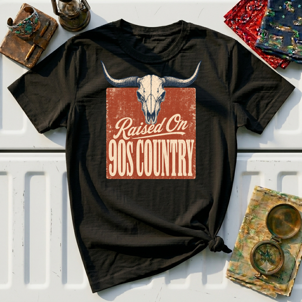 Raised On God’s Country T-Shirt — Western Longhorn Skull Tee