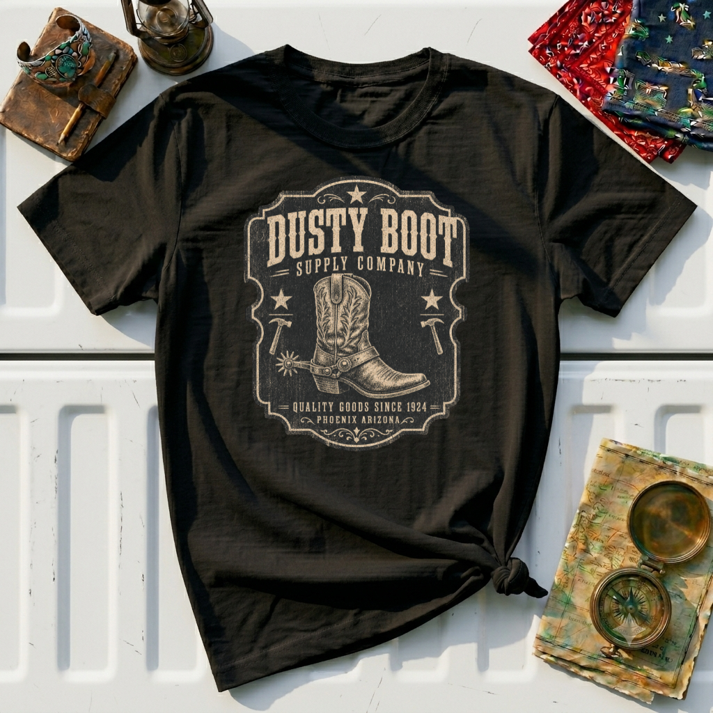 Dusty Boot Supply Company Vintage Western T‑Shirt — Cowboy Boot Graphic Tee