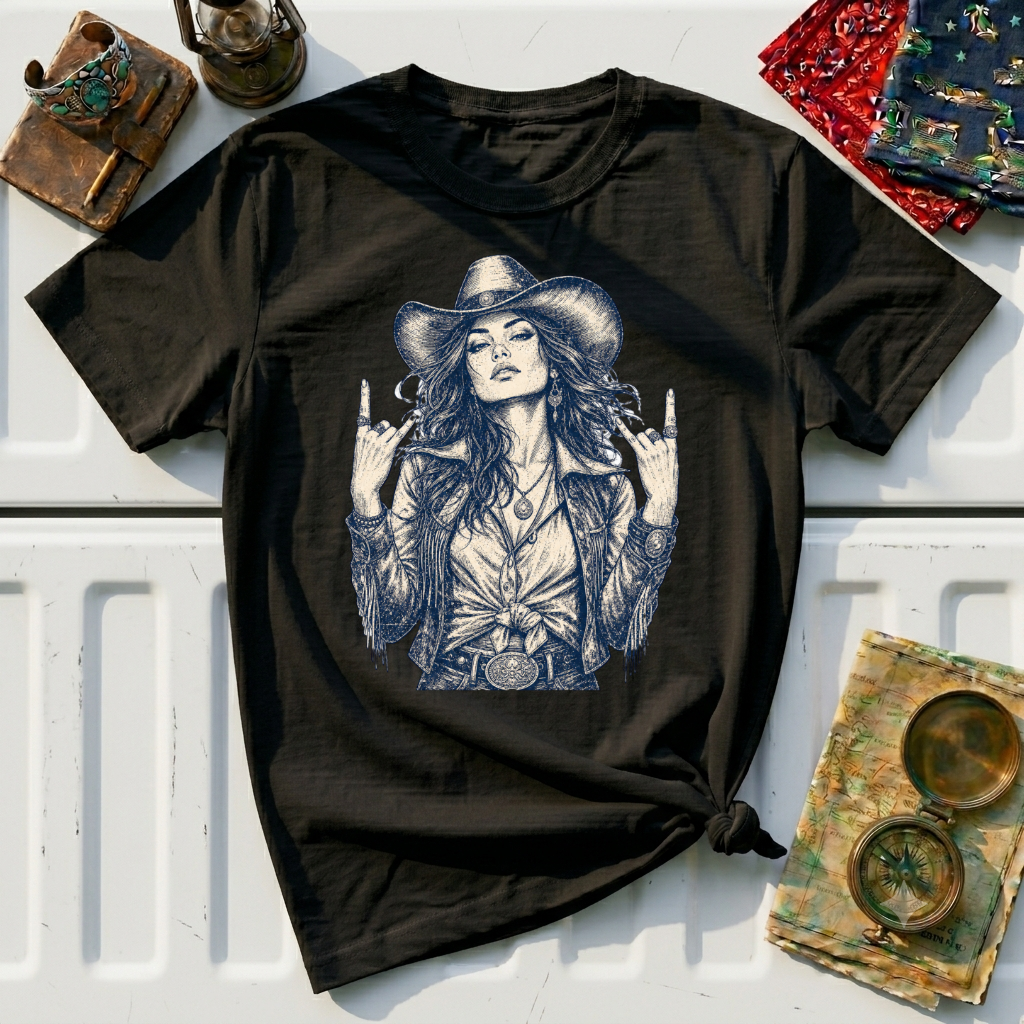 Cowgirl Rock Graphic Tee — Retro Rebel Woman Illustration