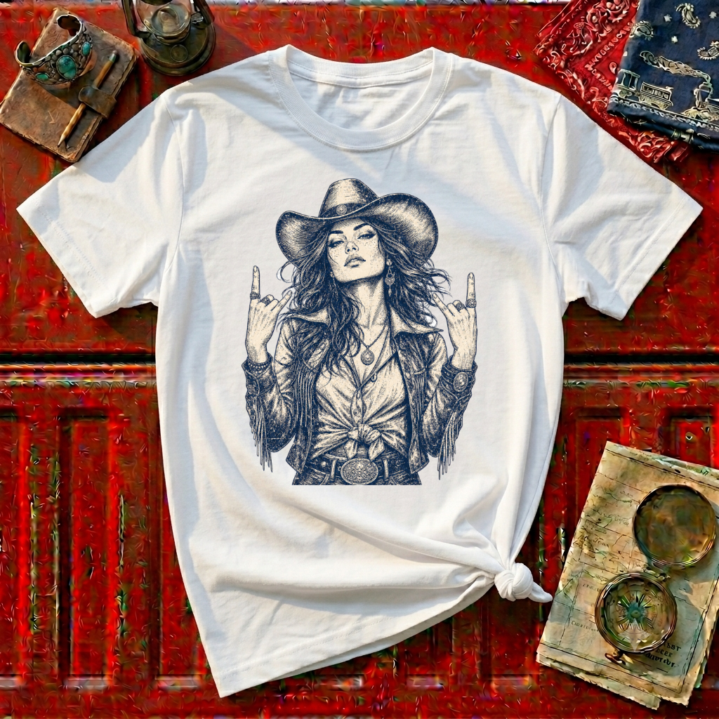 Cowgirl Rock Graphic Tee — Retro Rebel Woman Illustration