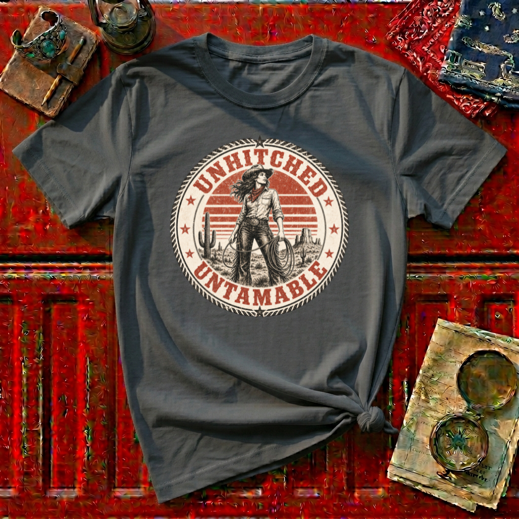 Unhitched Vintage Cowgirl T‑Shirt – “Unhitched & Untamable” Retro Western Graphic Tee