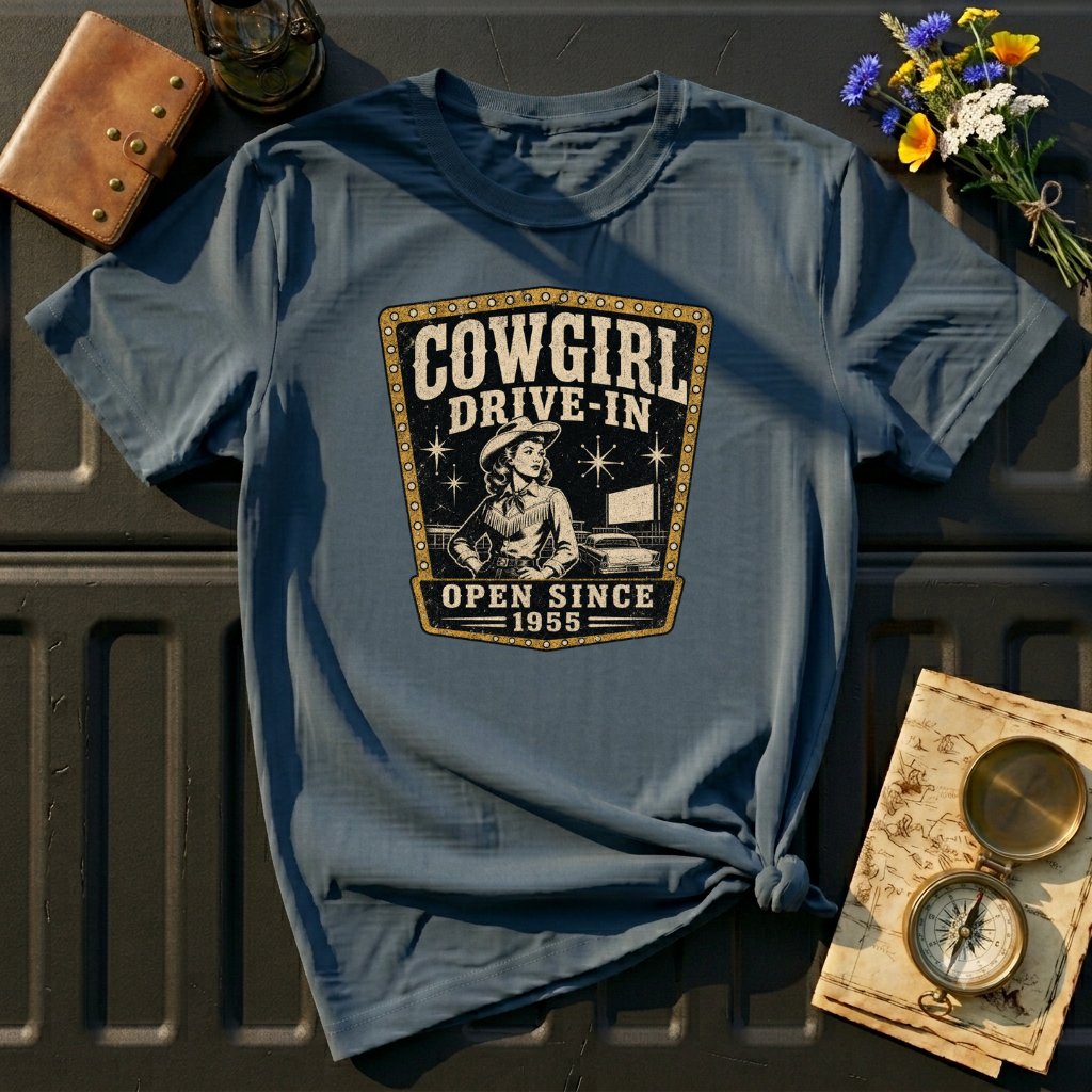 Cowgirl Drive-In Vintage T-Shirt — Retro Western Graphic Tee ("Cowgirl Drive-In Open Since 1955")