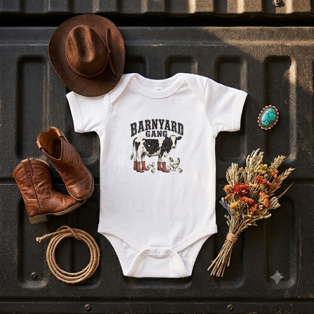 Barnyard Gang Infant Bodysuit — Cute Farm Cow Baby Onesie