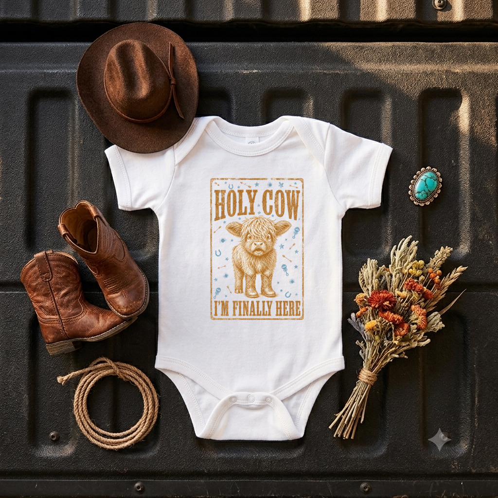Infant Bodysuit — "Holy Cow I'm Finally Here" Cute Newborn Announcement