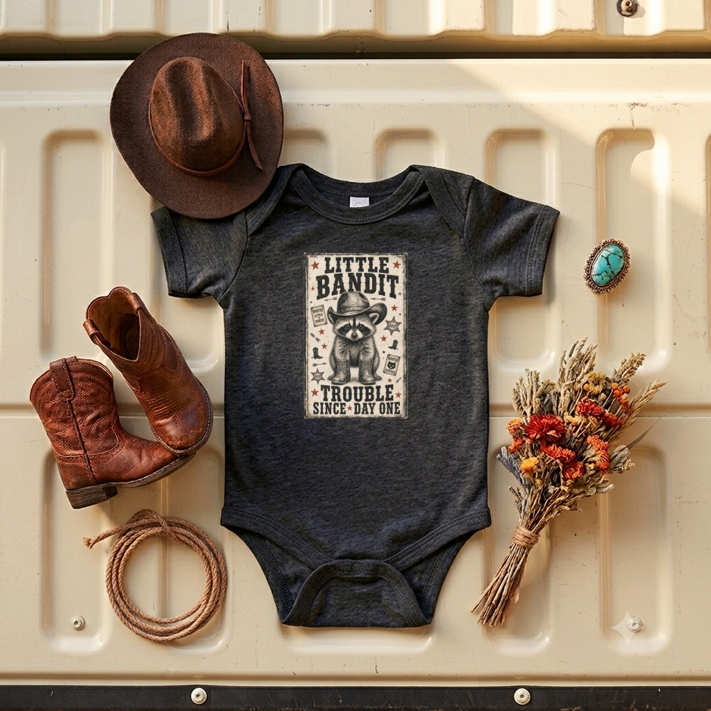 Little Bandit Infant Bodysuit – 'Trouble Since Day One' Raccoon Baby Onesie